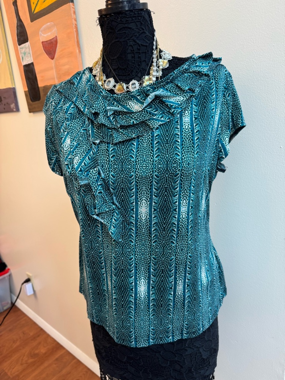 Worthington Women's Teal Printed Ruffle Neck Top